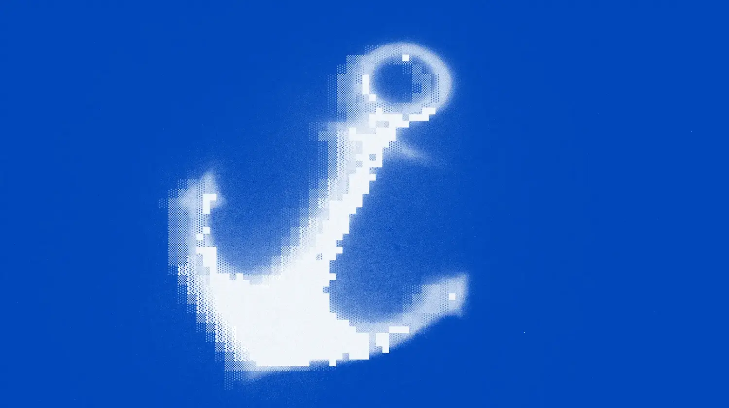 A stylized graphic of an anchor under the water